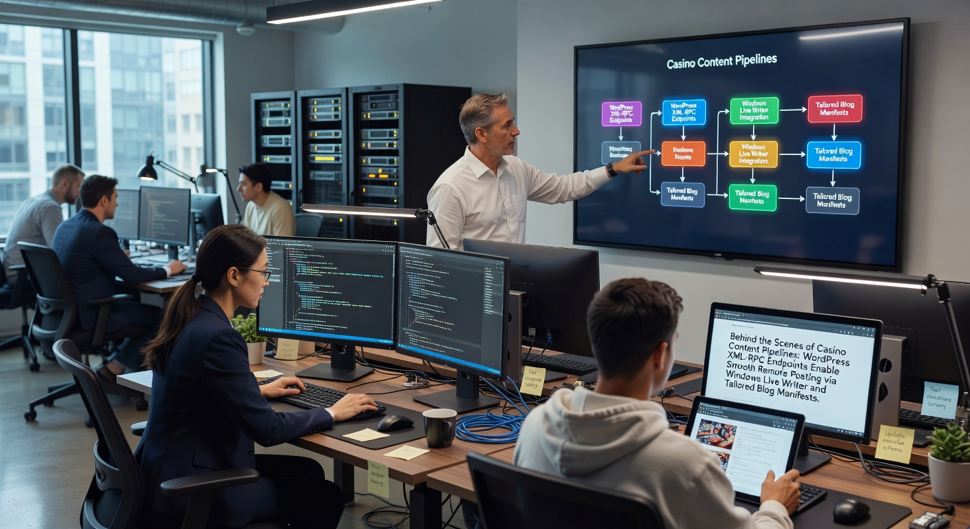 Schermafbeelding van een WordPress dashboard met XML-RPC-configuratie voor casino-blogpublicatie, inclusief Windows Live Writer-integratie