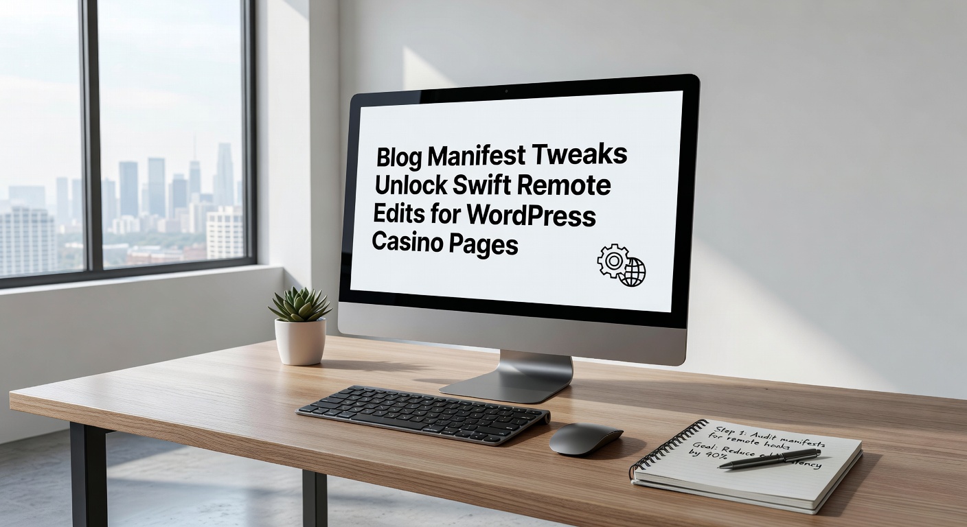 Schermafbeelding van een casino-blogbeheerder die remote een promotiepagina bewerkt via een getweakt manifest, met zichtbare snelheidmeters en XML-code snippets