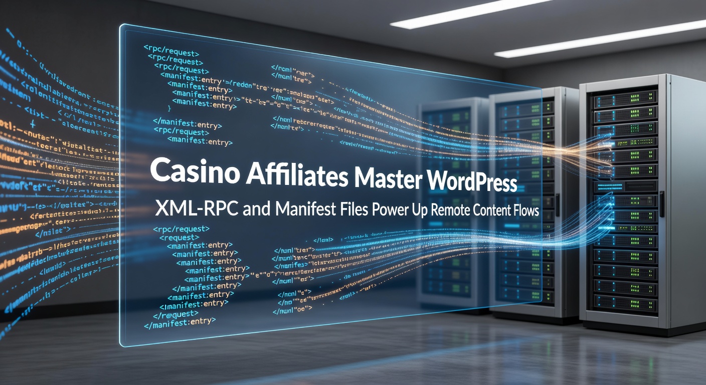 Grafische weergave van XML-RPC en manifest bestanden die contentstromen op afstand activeren voor WordPress-sites van casino affiliates
