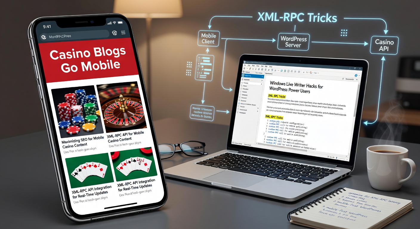 Schermafbeelding van een mobiele WordPress editor met XML-RPC integratie voor casino blogposts