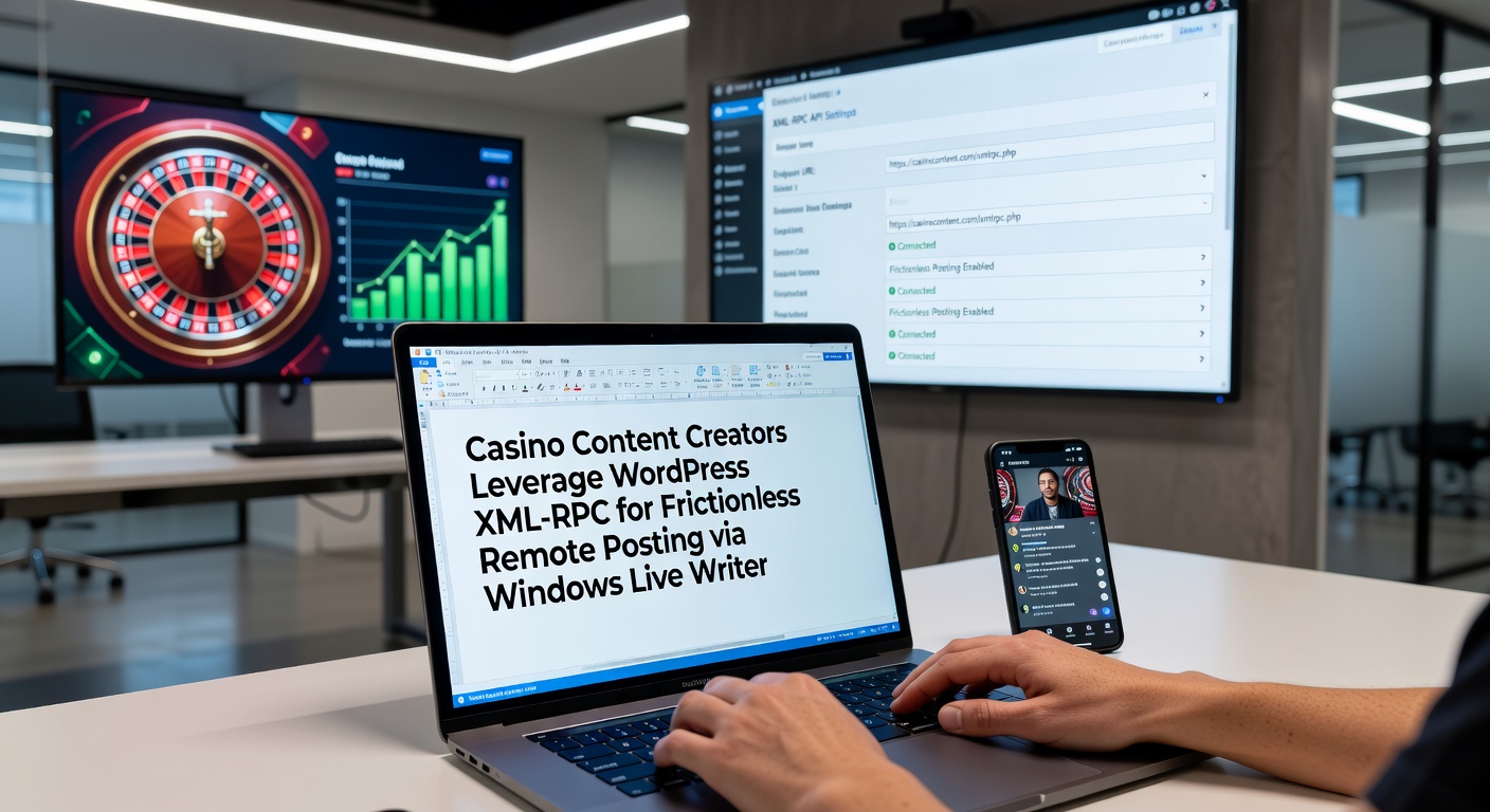 Schermafbeelding van Windows Live Writer met een casino-blogpost in bewerking, inclusief XML-RPC verbinding met WordPress