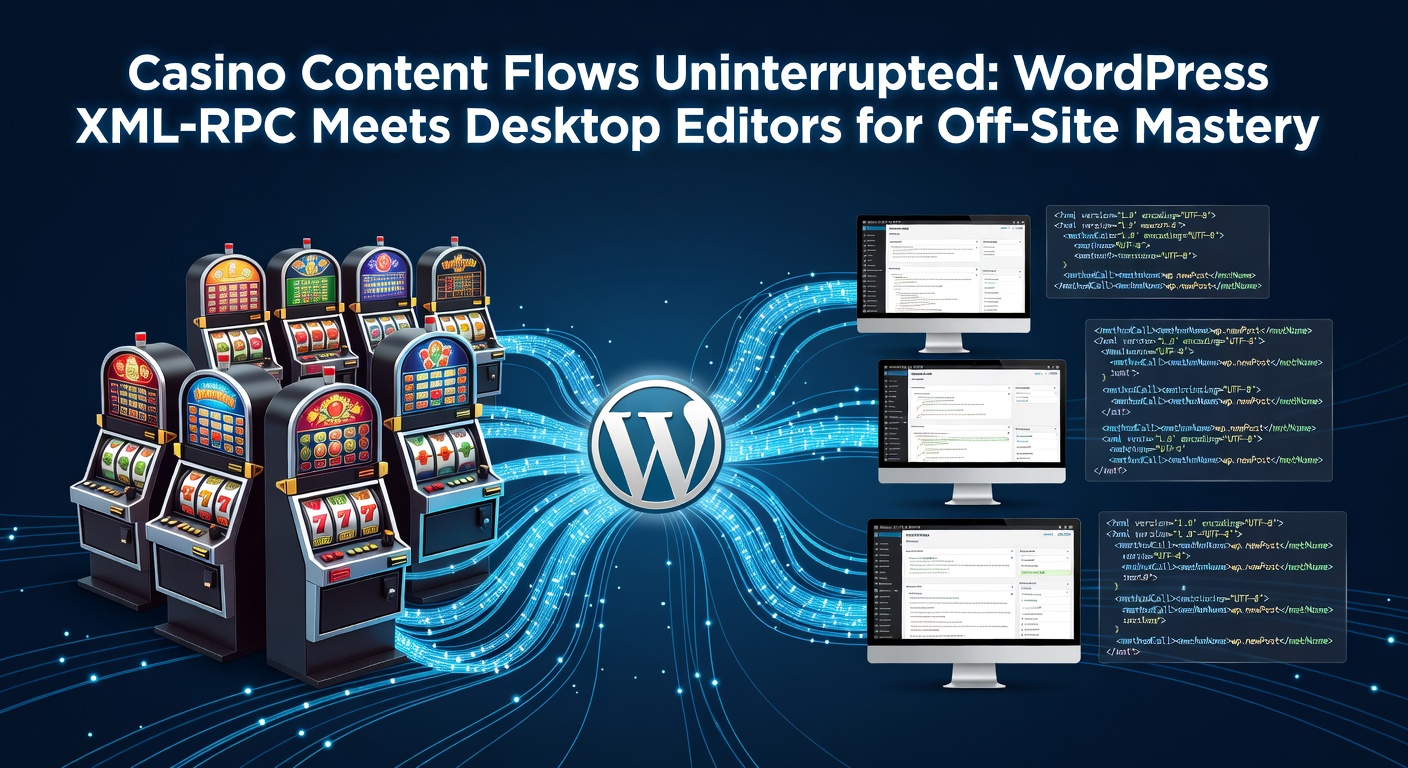 Schermafbeelding van een desktop editor verbonden met WordPress voor casino content, met XML-RPC actieve verbinding