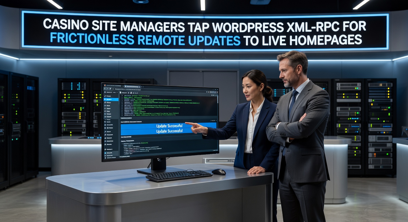 Schermafbeelding van een casino-manager die WordPress XML-RPC gebruikt voor remote updates op een live homepage, met zichtbare dashboard-elementen en mobiele interface