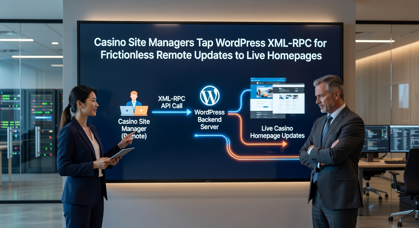 Voorbeeld van een casino-homepage-update via XML-RPC, met voor- en na-weergave van een live banner met jackpot-aankondiging en mobiele editing tools