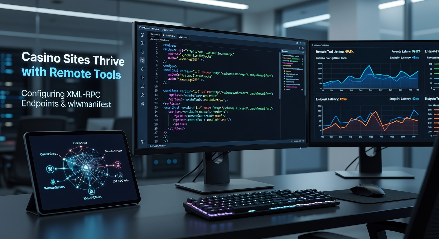Schermafbeelding van een WordPress dashboard met XML-RPC configuratie voor casino-content, inclusief wlwmanifest integratie voor efficiënte remote tools