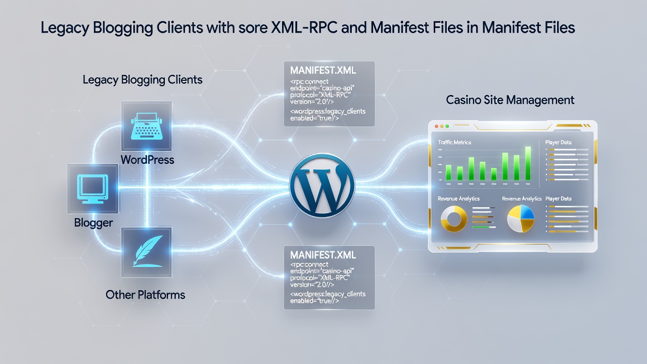 Diagram dat de verbinding tussen legacy blogging clients en WordPress casino sites via XML-RPC toont