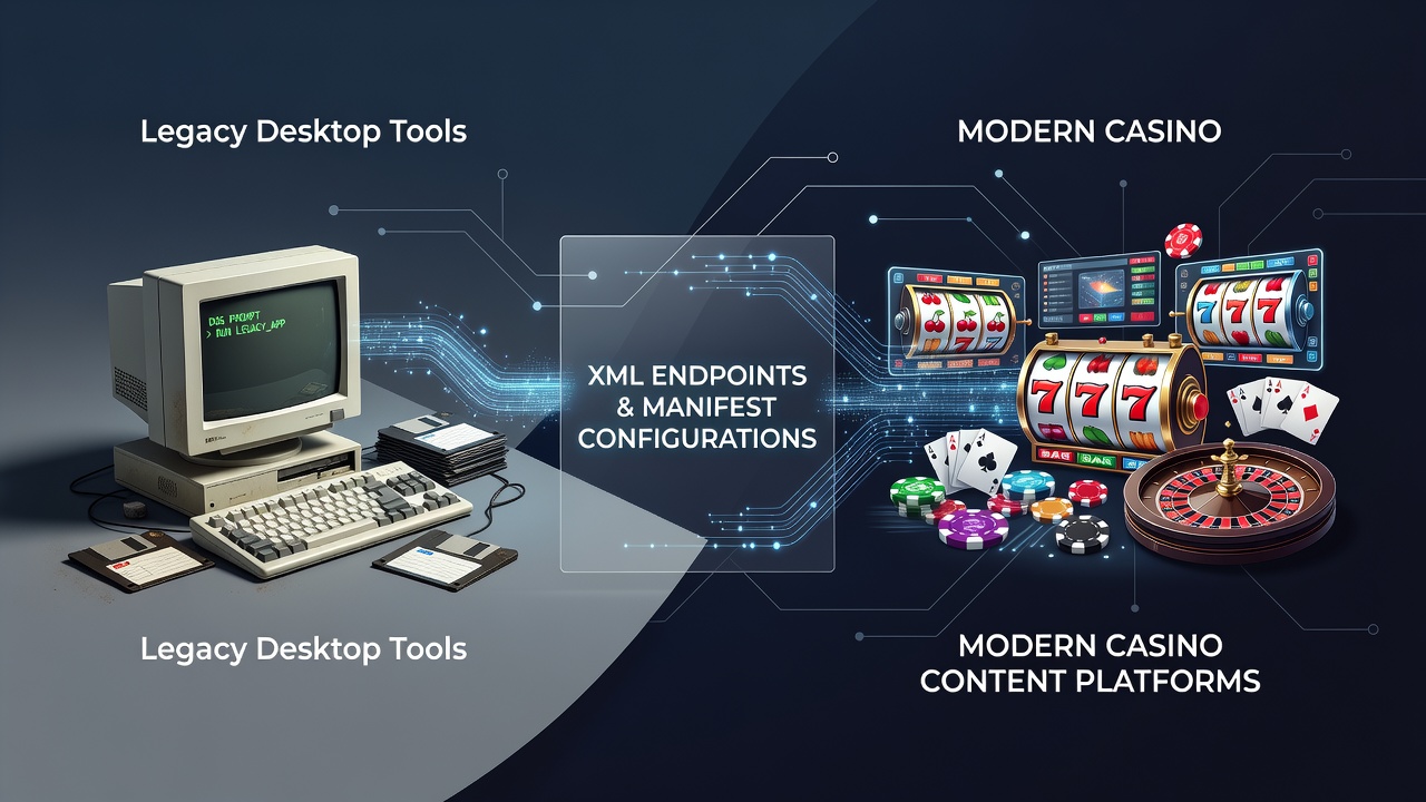 Illustratie van XML endpoints die legacy desktop tools verbinden met moderne casino content platforms