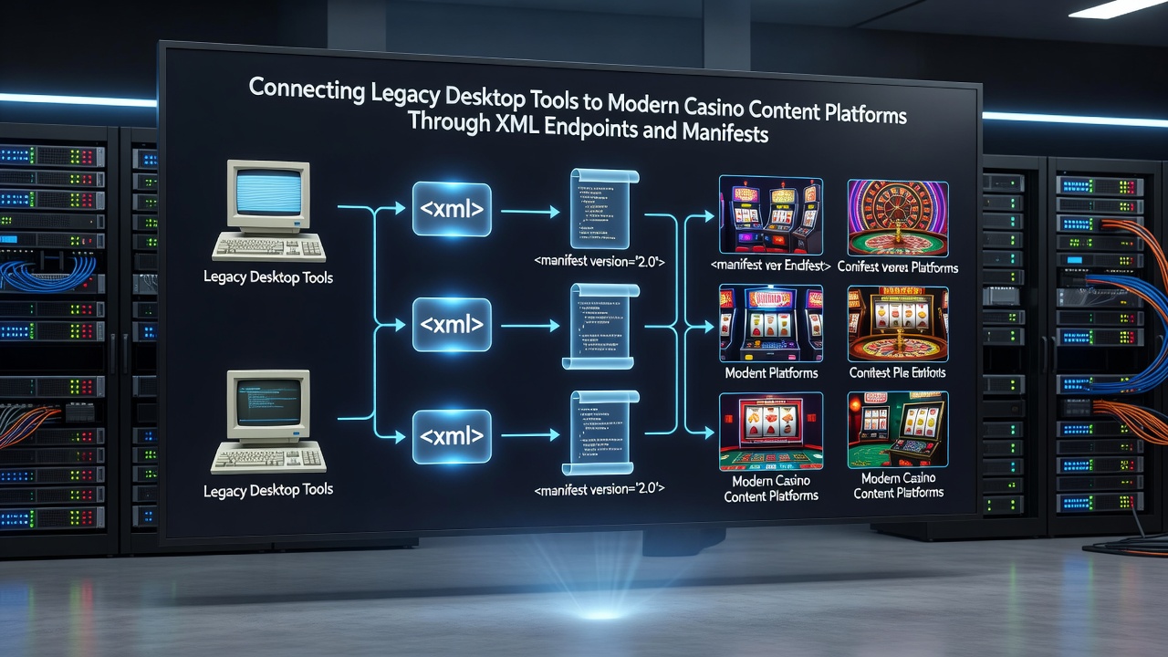 Diagram van manifest configuraties die XML data structuren beheren voor casino content publicatie
