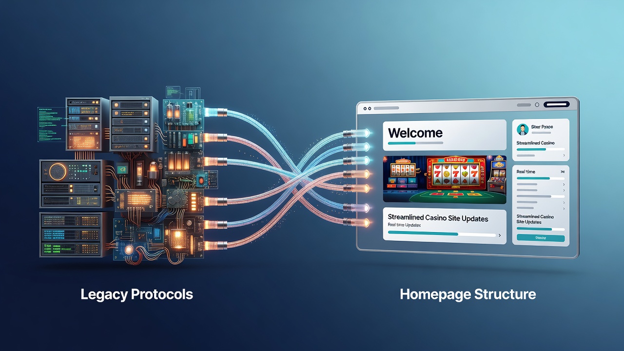 Illustratie van legacy protocollen geïntegreerd met moderne homepage structuren op casino websites