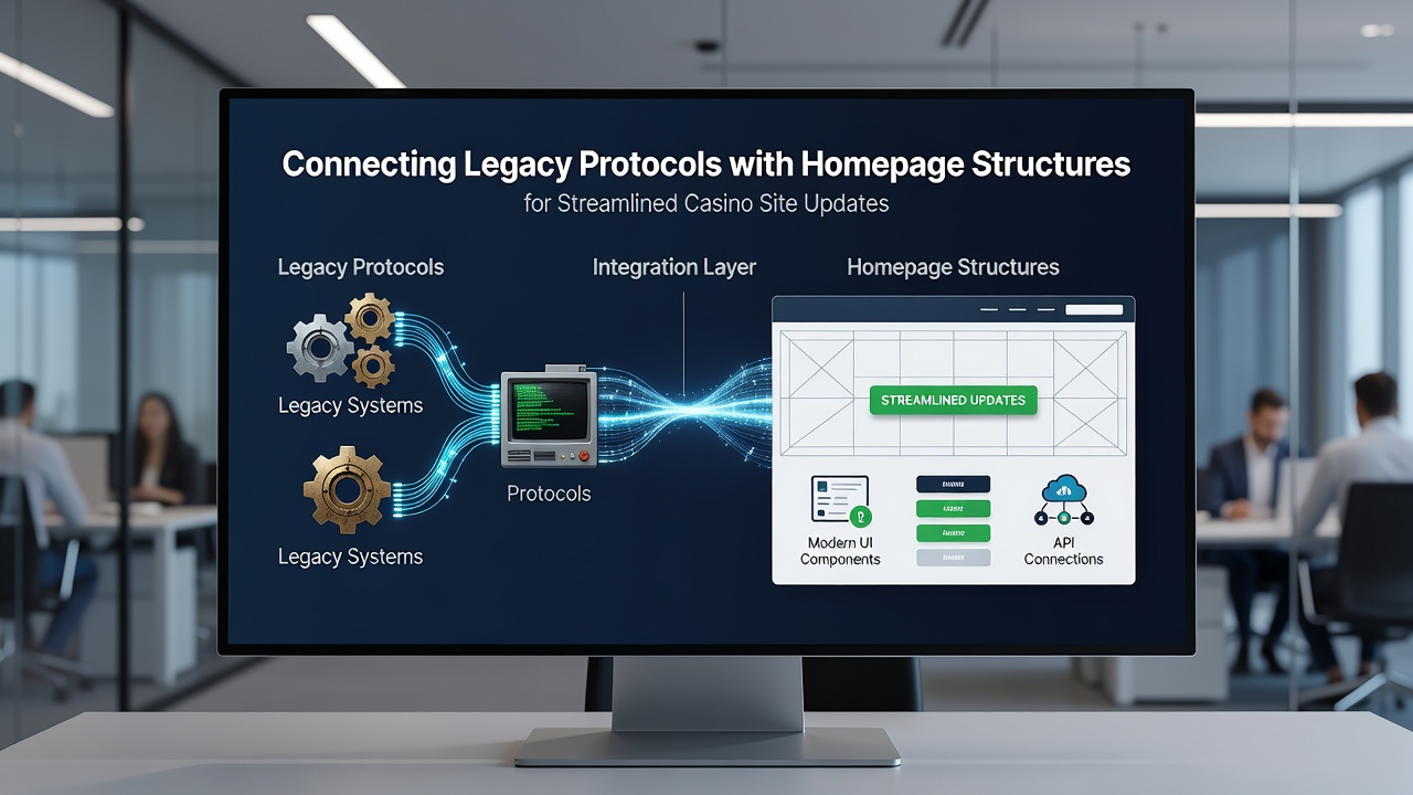 Diagram van datastromen tussen legacy protocollen en homepage componenten op een casino platform