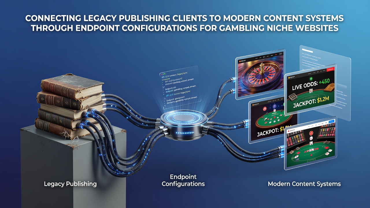 Technische weergave van endpoint configuraties die legacy publishing clients koppelen aan moderne content systemen voor gokniche websites