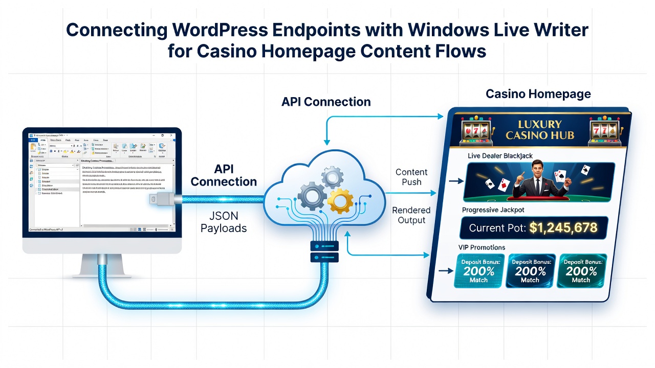 Diagram van contentflow optimalisatie met Windows Live Writer en Wordpress voor casinohomepages