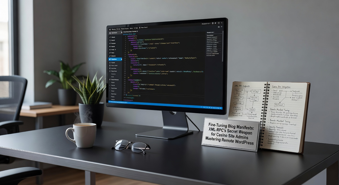 Voorbeeld van een aangepast wlwmanifest.xml-bestand geopend in een code-editor, met highlighted XML-RPC optimalisaties voor casino-blogposts