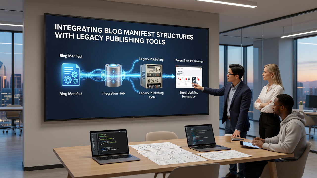 Illustratie van blogmanifeststructuren die integreren met legacy publicatietools voor homepage-updates op gokplatforms
