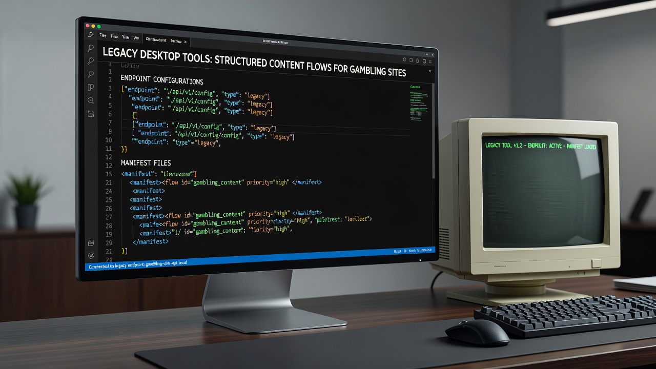 Illustratie van legacy desktoptools die manifestbestanden en endpointconfiguraties gebruiken voor contentstromen op goksites