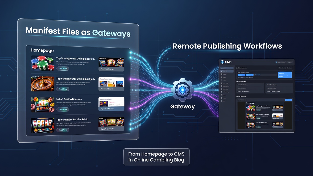 Schema van remote publishing workflows met manifestbestanden tussen homepage en CMS voor gokblogs