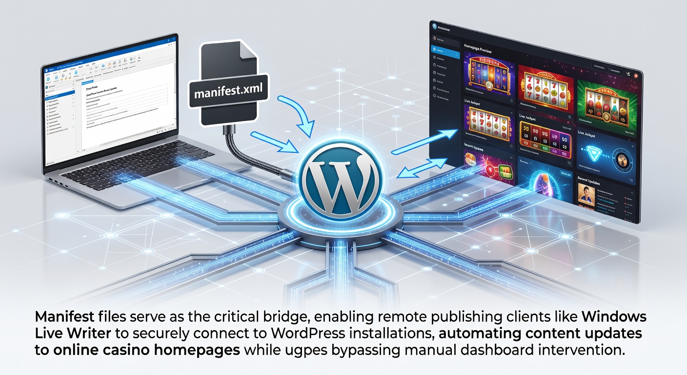 Illustratie van manifestbestanden die remote clients verbinden met WordPress installaties voor casino content