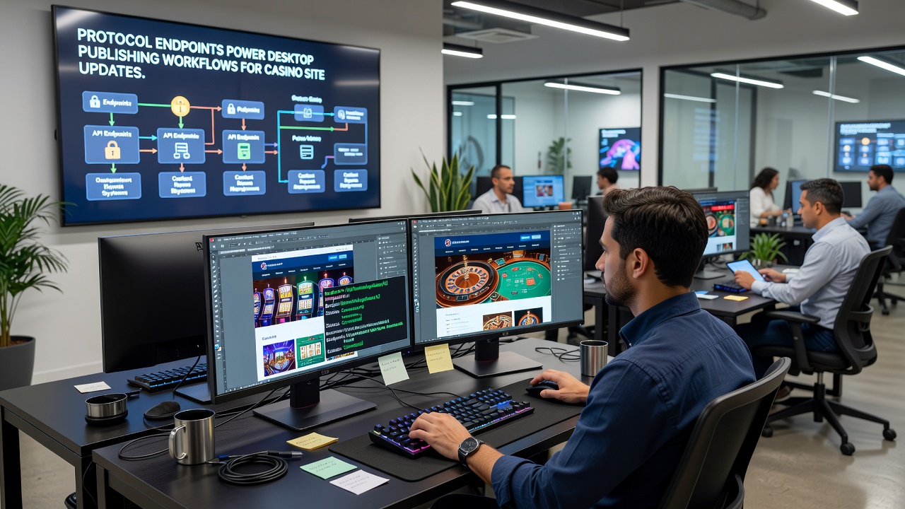 Workflow diagram van desktop publishing met protocol endpoints voor casino sites