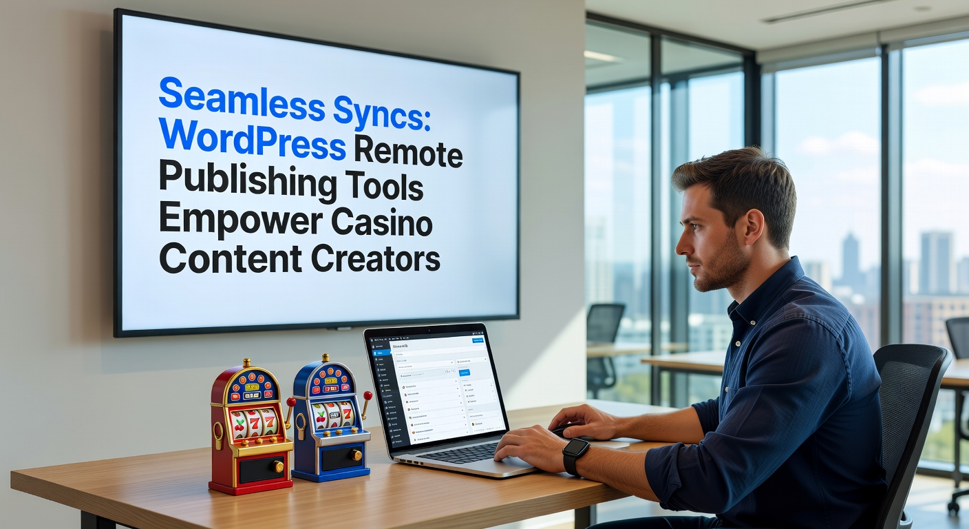 Grafiek die de workflow van remote publishing toont, met pijlen van mobiele app naar WordPress-dashboard voor casino-artikelen