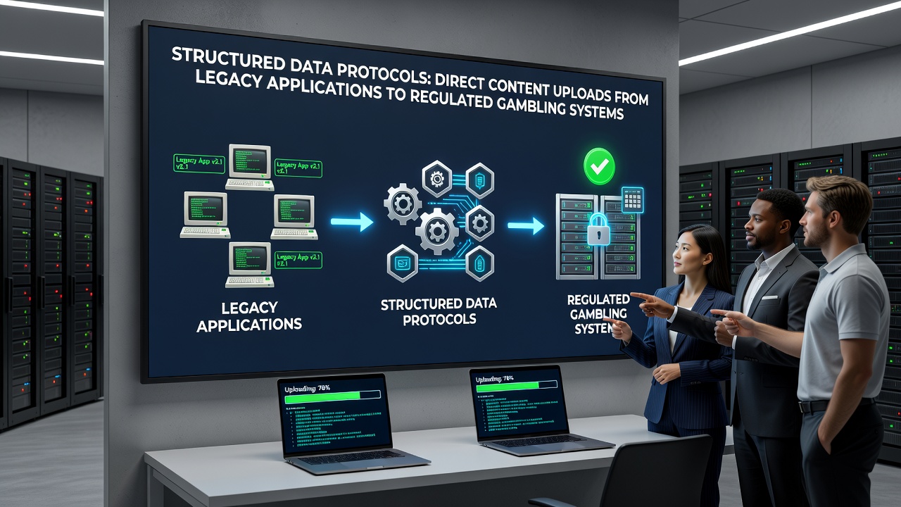 Diagram van dataflow tussen legacy applicaties en gereguleerde gokportalen via gestructureerde protocollen