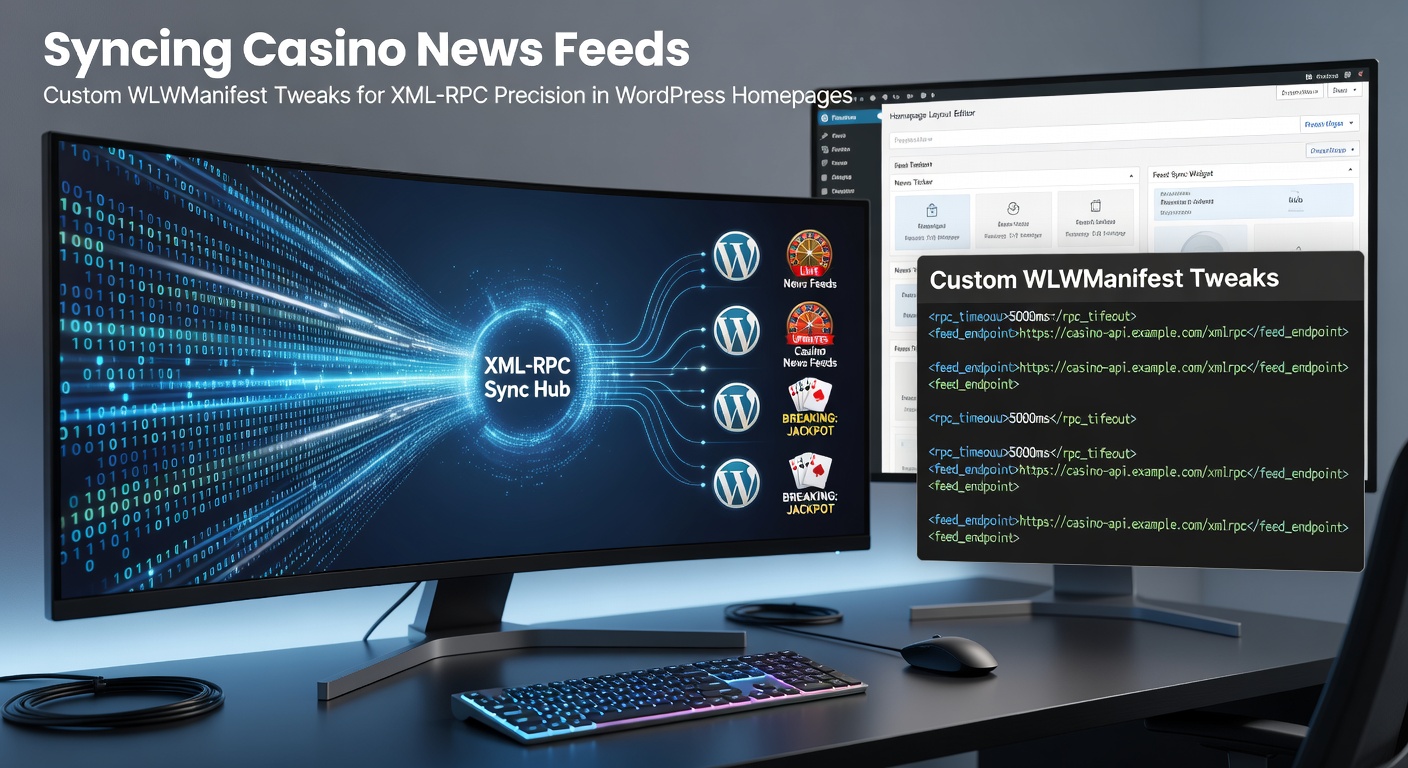 Schermafbeelding van een WordPress homepage met actieve casino-nieuwsfeed en XML-RPC-configuratie in het dashboard, illustrerend naadloze synchronisatie