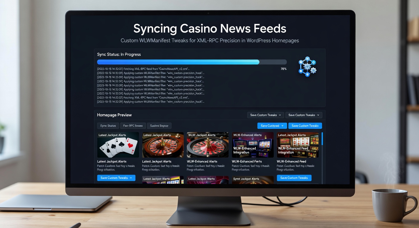 Voorbeeld van een aangepast WLWManifest-bestand open in een code-editor, met highlighted XML-tags voor casino-specifieke nieuwsfeed-synchronisatie
